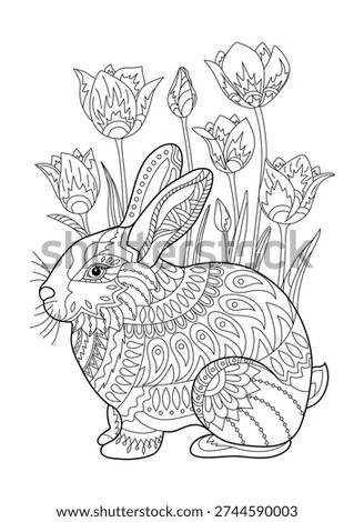 Rabbit and tulips flowers. Coloring page for adult and children. Easter background with creative cute bunny.  Black and white vector illustration.