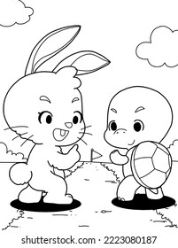 Rabbit and turtle completion coloring page outline 