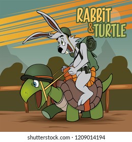 Rabbit and Turtle going to war together, Rabbit ride a turtle Vector illustration.