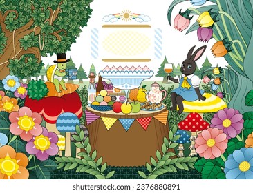 Rabbit and Turtle  Hare and Tortoise Friendly Party Illustration with Copy Space