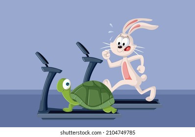 

The Rabbit and the Turtle Modern Story Vector Cartoon Illustration. Tortoise and hare racing each other in contemporary treadmill marathons
