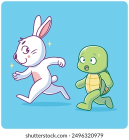 Rabbit and turtle race to win the finish line. suitable for children book, sticker, mascot