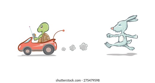 Rabbit and the turtle. Sport trainer concept. Cartoon drawing in doodle style.