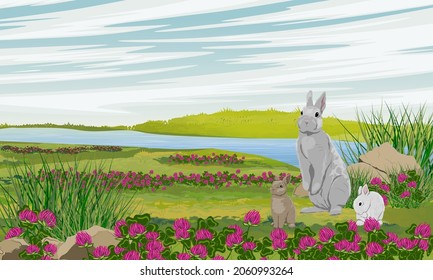 A rabbit and two bunnies are sitting in a summer meadow with clover flowers and grass on the bank of the river. Rabbits in the habitat. Realistic vector landscape