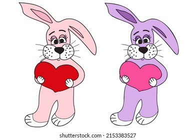 rabbit in two different colors ․ pink rabbit in the hand red heart, designed for Christmas, Valentine, March 8, clothing printing, postcard and other occasions ․