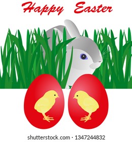 A rabbit, two easter eggs,grass . Vector illustration.