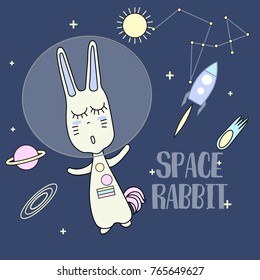 rabbit  typography for t-shirt print, product, brochure, cover, poster, patch, fabric, hand drawn style. vector illustration