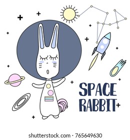 rabbit  typography for t-shirt print, product, brochure, cover, poster, patch, fabric, hand drawn style. vector illustration