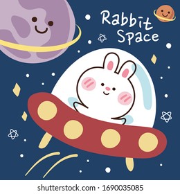 Rabbit UFO in space hand drawn. Galaxy doodle. Cute cartoon animal character design. Many planets background. Vector. Illustration.