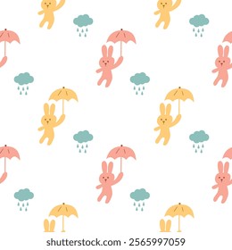 Rabbit and umbrella cartoon so cute.  On cloud rain white background. Pattern seamless vector illustration. 