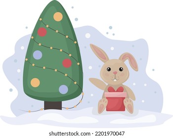 Rabbit under the Christmas tree. Christmas illustration of a rabbit with a gift sitting under a Christmas tree. New Year s illustration. Vector