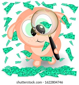 rabbit under money rain. cartoon vector illustration on a white background.