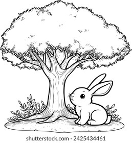 RABBIT UNDER THE TREE, IMAGE FOR COLORING BOOK