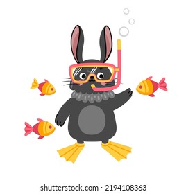 Rabbit under water with fish. Cute black bunny in fins and diving goggles. Vector flat illustration.