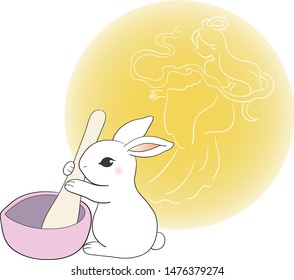 The rabbit uses a pounding medicine container for stirring, with the moon in the background