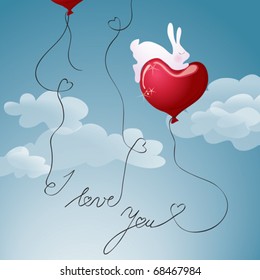 Rabbit with Valentine hearts in the sky
