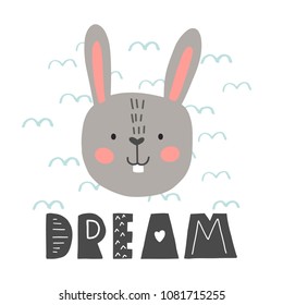 Rabbit vector cartoon illustration. Cute animal poster design for greeting card, t-shirt, invitation, baby shower, birthday, room decor, print on the wall, pillow, decoration kids interior, baby wear