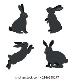 Rabbit vector cartoon set icon. Four dark rabbits on white background.