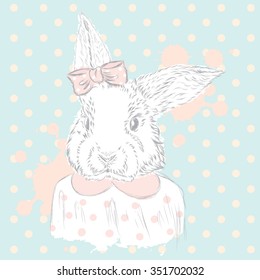 Rabbit vector . Hand drawing of the animal. Print . Hipster. Watercolor Bunny . Vintage postcard.