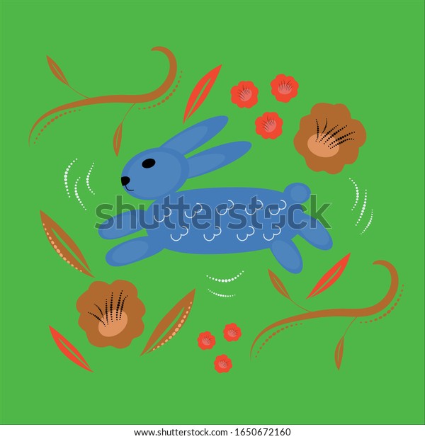 ウサギのベクター手描きのイラスト 北欧風の野生動物の絵 かわいい漫画のうさぎキャラクターポスター カラフルな葉と花 花柄のフラット背景 キッドブック Tシャツ のベクター画像素材 ロイヤリティフリー