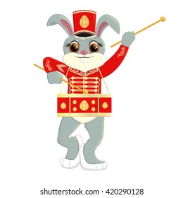 Rabbit vector. Hare goes with a drum. Happy bunny goes and knocks on the drum.