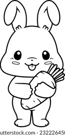 Rabbit vector illustration. Black and white outline Bunny coloring book or page for children