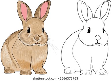 Rabbit vector illustration clipart. Coloring page or coloring book for kids with color examples. Funny animal illustration