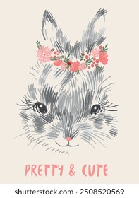 Rabbit vector illustration for fashion garments. Cute bunny retro print with slogan.