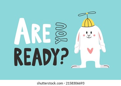 Ilustración vectorial de conejo, letras. Impresión conyugal para textiles. Palabra escrita a mano Está listo