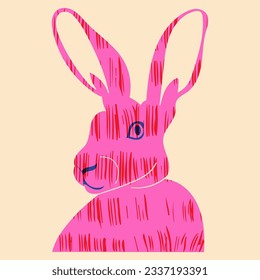 Rabbit. Vector illustration in a minimalist style with Riso print effect. Graphic element for design, print, sticker, party decoration, logo, emblem, magazine prints or journal article, t-shirt design