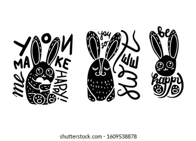 Rabbit vector illustrations set. Cute easter cartoon characters with lettering. Social media sticker