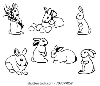 Rabbit vector line art. Set of Easter bunnies contour isolated on white background.