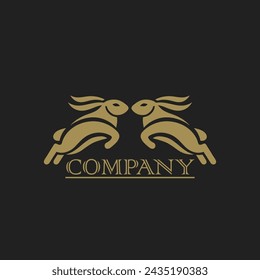 Rabbit vector logo,
vector logo illustration of two rabbits jumping and facing each other with changeable company lettering, on a black background.