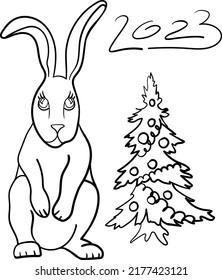  Rabbit Vector On White Background , Use for Web, line , icon or logo, cartoon bunny. hare pose. new year 2023