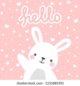 Rabbit vector print, baby shower card. hello bunny with balloon cartoon illustration,  greeting card, kids cards for birthday poster or banner, cartoon invitation