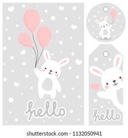 Rabbit vector print, baby shower card. hello Bunny with balloon cartoon illustration, greeting card, kids cards for birthday poster or banner, note stickers