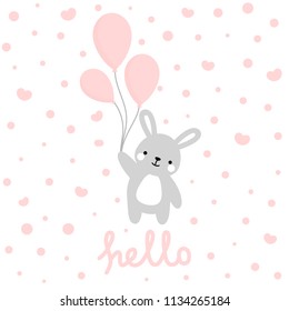 Rabbit vector print, baby shower card. hello bunny with balloon cartoon illustration,  greeting card, kids cards for birthday poster or banner, cartoon invitation