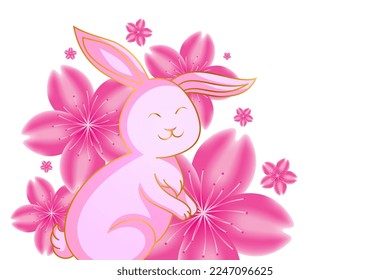 Rabbit vector and sakura or cherry blossom flower on white background lunar new year concept. Design ornament for printing on cards, invitations