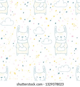 Rabbit. Vector seamless pattern with cute animals in scandinavian hand-drawn style in space background.