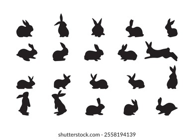 Rabbit vector silhouettes, isolated set of cute rabbits black silhouettes in various poses