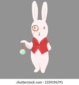 Rabbit in a vest with a pince-nez and with a clock. Vector graphics.