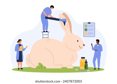 Conejo en cita veterinaria para examen. Pequeñas personas revisan la salud de los oídos de los animales con otoscopio, conejo gigante feliz y equipo de médicos en la clínica veterinaria caricatura ilustración vectorial