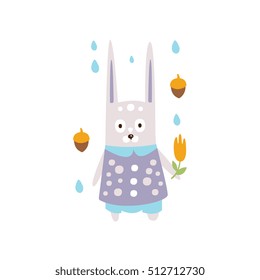 Rabbit In Violet Clothes Under Rain In Autumn Standing Upright Humanized Animal Character Illustration In Funky Decorative Style