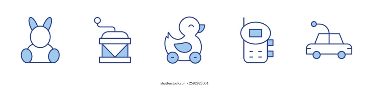 rabbit, walkie talkie, music box, duck, car. Toys Icon vector illustration. Line Duotone style. Editable stroke.