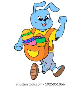 Rabbit walking happily celebrating Easter carrying a bag filled with decorative eggs, vector illustration art. doodle icon image kawaii.