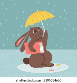 Rabbit walking under umbrella with book. Autumn rainy postcard. Bunny or hare - childish mascot 2023 symbol year. Seasonal flat cartoon vector illustration