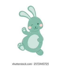 Сute rabbit is walking and waving his paw. Сheerful bunny. Vector illustration on a white background. Flat style.