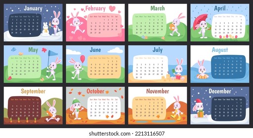 Rabbit wall calendar. Chinese 2023 year bunny monthly planner design for family, kid gift poster with month birthday funny cartoon cute animal, cards vector illustration of calendar with rabbit