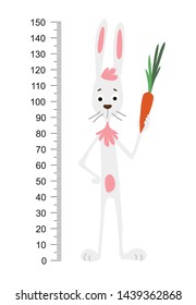 Rabbit wall meter. Cute bunny with a gift on a background of flowers. Stadiometer. Vector illustration.