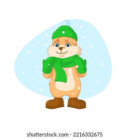 Rabbit in a warm winter hat, scarf, mittens on the background of falling snow